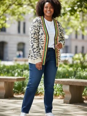 THML Leopard Print Cardigan XL Rainbow Stripe Trim Button Boho Boutique Sweater
